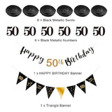 Black-gold 50th birthday kit for men with banner, bunting, swirls & triangle flags