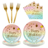 96Pcs Happy Birthday Plates And Napkins Party Supplies, Colorful And Gold Disposable Paper Plates And Napkins With Forks Tableware Set For 24 Guests