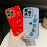 For Iphone 14 Pro Max Case,Cute Plating Love Heart Wrist Strap Chain Bracelet Phone Case (Black)