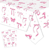 2 Pack Pink & White Bow Tablecloth, 54x108 Inch for Girls Birthday, Baby Shower Decor