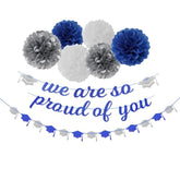Navy-Blue White-Silver Party-Decoration Graduation Banner - 8Pcs Kits Cap Garland Streamers, Paper Tissue Pom Poms Flowers,We Are So Proud Of You Congratulations Grad 2026 Decor