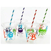 Monster Birthday Cups, Kids Birthday Party, Plastic Disposable Drink Cups, Slot Lids, Paper Straws, Set Of 12