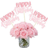 12Pcs Happy Birthday Centerpieces Sticks Double Sided Glitter Birthday Party Decorations Anniversary Table Flower Centerpiece For Celebrating Party Supplies Pink Light Pink