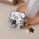 Compatible With Airpods 4 Clear Case,Cute Black Floral Flower Pattern Design With Floral Keychain, Soft Tpu Protective Shockproof Cover For Airpods 4Th Generation For Women Girls-Black Leaves