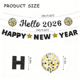 2026 Happy New Year Banner Gold Black Glitter Disco Party Decor
