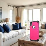 For Iphone Xs Max Case With Tempered Glass Screen Protector, 3 In 1 Shock Absorption Heavy Duty Protection Hard Pc Cover Soft Silicone Bumper Full Body Sturdy Case, Rose Red