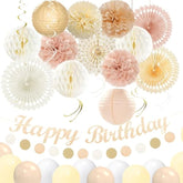 Champagne-Gold Pink Birthday Decorations For Women Girls,Pre-Strung Happy Birthday Banner,Boho Peach Paper Lanterns Tissue Pom Poms Fan,Cream White Balloons,Girl Woman Party Backdrop Supplies