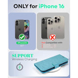 iPhone 16 Wallet Case, PU Leather Folio with Card Holders, RFID, Kickstand, Ice Blue