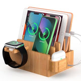 Bamboo Charging Station Organizer For Multiple Devices, Desktop Docking Stations Holder For Cell Phone, Tablet, Smartwatch & Earbuds Stand (Included 5 Cables) (No Usb Charger)