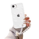 Clear Cute Ribbon Bowknot Aesthetic Phone Case with Charm Bracelet Chain Raised Camera Protection Stylish Soft Durable TPU Protective Cover for iPhone 17e/iPhone 16e - White