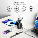 105W Charging StationMagSafe Compatible,6-in-1 Charging Dock,Gan Retractable Charger with Dual 65W Cables,USB-C Fast Charging for iPhone,