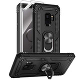 For Samsung Galaxy S9 Case With Hd Screen Protectors, Military-Grade Metal Ring Holder Kickstand 15Ft Drop Tested Shockproof Cover Case For Samsung Galaxy S9 (2018), Black