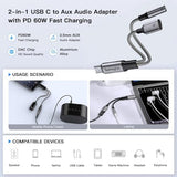 USB C to 3.5mm Headphone Adapter, 2-in-1 Type C Audio Dongle with 60W PD Fast Charging for iPhone 15 Pro Max, Galaxy, Google Pixel, iPad Pro