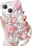 Bling Diamond Case for Google Pixel 10 Pro XL with Pearl Bracelet Strap Cover,Pink 3D Sparkly Shiny Crystal Rhinestones Flower Girly Shockproof Phone