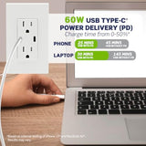 Leviton T5636-W 60W (6A) USB Dual Type-C/C Power Delivery in-Wall Charger with 15A Tamper-Resistant Outlet, USB Charger for Smartphones, Tablets, Laptops, White