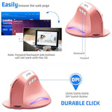 Wireless Vertical Ergonomic Optical Mouse, Pink Computer Mouse With 3 Adjustable Dpi 1000/1600/ 2400, 5 Buttons For Laptop, Desktop, Pc, Macbook