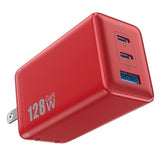 128W Usb C Wall Charger, Gan Iii 3-Port Fast Charging Station, Pd Qc Foldable Charger Block Portable 65W Usb C Laptop Adapter For Macbook Air, Ipad Pro, Galaxy S23, Dell Xps 13, Iphone 14 Etc (Red)