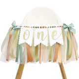 Sage Green One High Chair Banner - Simple 1St Birthday Party Decorations,First Birthday Highchair Garland For Cake Smash,Sage Green Gold Ivory Ribbon Banner,Rustic Party Photo Backdrop