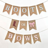 Boots or Bows Gender Reveal Banner — Burlap Baby Shower Party Decoration
