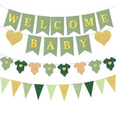 Sage Green Baby Shower Decorations Kit Welcome Baby, Gold Pennant & Bodysuit Banner