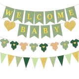 Sage Green Baby Shower Decorations Kit Welcome Baby, Gold Pennant & Bodysuit Banner