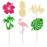24Pcs Tropical Luau Cupcake Toppers Glitter Palm Tree Flamingo Pineapple Aloha Cupcake Picks Decorations For Hawaiian Luau Theme Birthday Party Supplies