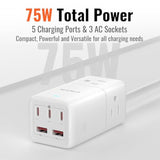 75W Gan Usb-C Super Fast Charging Station, 8-In-1 Power Strip With 5 Usb & 3 Ac Ports, Smart Charging, Fast Pd Charger For Iphone, Samsung, Ipad, Macbook – Desktop & Travel-Friendly – White