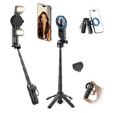 Magnetic Mini Phone Selfie Stick with 2 Fill Light, 360° Rotation Portable Phone Travel Tripod with Remote Control,Magnetic Chuck ? Clip Selfie Stick