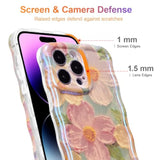 Case For Iphone 15 Pro Max, Colorful Retro Oil Painting Printed Flower Laser Glossy Pattern Cute Curly Wave Edge Exquisite Phone Cover Stylish Durable Tpu Protective Case For Girls Women-Green