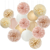 Champagne-Gold White Party-Decorations Paper-Flowers Lanterns - 15Pcs Boho Fall Rustic Tissue Pom Poms Streamers,Wedding Baby Bridal Shower Neutral Autumn Birthday Hanging Supplies Decor