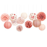 Wedding Party Decorations, 12 PCS Rose Pink Floral Paper Lanterns Tissue Pom Poms Backdrop Decoration for Pink Boho Wedding Bridal Shower Birthday Tea Party Decor