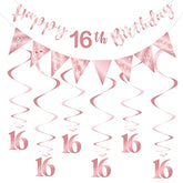 Rose gold 16th birthday decor with banner, bunting, swirls & triangle flags