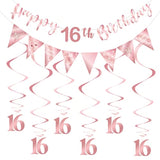 Rose gold 16th birthday decor with banner, bunting, swirls & triangle flags
