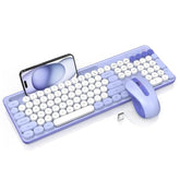 Wireless Keyboard And Mouse Combo, Retro Round Keycaps, Cute Full-Size Typewriter Keyboard With Phone Holder, Sleep Mode, Click Soft, 2.4Ghz Cordless Connection For Windows/Pc/Laptop (Purple-Colorful)