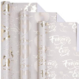 Gold Wedding Wrapping Paper Roll, Gold Flower, Love Heart, Ring & Forever And Ever Lettering Design For Wedding, Engagement, Bridal Shower, Anniversary, Mini Roll, 17 X 120 Inches, 3 Rolls
