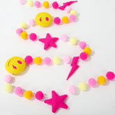 Preppy Felt Banner 3D Pink Face Lighting Star Banner Felt Ball Garland Pre-Assembled Preppy Theme Bunting Garland For Back To School Dorm Classroom Hanging Decoration Party Supplies