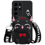 For Samsung Galaxy S24 Ultra Case, Cute Black Lucky Cat Coin Purse Fancy Phone Case For Women Girls With Crossbody Strap Kawaii Soft Silicone Cover For Galaxy S24 Ultra