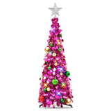 Pop Up Christmas Tree With Lights, Collapsible Tinsel Xmas Tree Decorations, Pencil Christmas Tree Skinny Tree For Holiday Xmas Home Office Decor, 25 Balls, 3Ft, Fuchsia