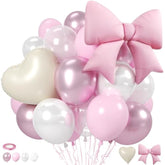 Pink Balloons, Pink Bow White Heart Balloon, Pearl White Double-Stuffed Balloons With Metallic Bow Heart Shaped Foil Balloon For Birthday Baby Shower Wedding Bridal Shower Engagement Decorations