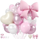 Pink Balloons, Pink Bow White Heart Balloon, Pearl White Double-Stuffed Balloons With Metallic Bow Heart Shaped Foil Balloon For Birthday Baby Shower Wedding Bridal Shower Engagement Decorations