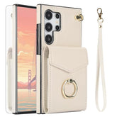 Phone Case For Samsung Galaxy S25 Ultra 5G Wallet Cover With Tempered Glass Screen Protector And Rfid Blocking Ring Stand Credit Card Holder Cell S25Ultra 25S S 25 25Ultra Women Men Off White
