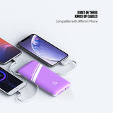 10000mAh Power Bank, Q Slim Portable Charger,4 Output External Battery Pack with Built-in AC Wall Plug Micro USB C Three Cables Compatible with Different Kinds of Mobilephone (Purple)