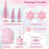 Christmas Table Decor Tiered Tray Centerpiece With Mini Pink Tree, Snowflake, Candy Cane Basket, Wooden Crate Set - I'M Dreaming Of A Pink Christmas Home Decorations Gifts For Women