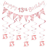 Rose Gold 13Th Birthday Decoration For Girls, Happy 13Th Birthday Banner Bunting Swirls, Triangle Flag Banner For 13 Birthday Party Decorations Supplies