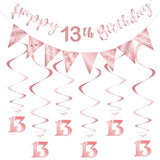 Rose Gold 13Th Birthday Decoration For Girls, Happy 13Th Birthday Banner Bunting Swirls, Triangle Flag Banner For 13 Birthday Party Decorations Supplies
