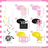 Movie Night Party Decorations,Pink Movie Theme Hanging Swirl Decorations,Cute Popcorn Foil Swirls Ceiling For Baby Shower Birthday Party Film Party Supplies Family Party Girls Boys