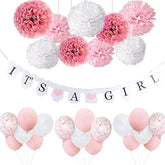 27pcs Pink Baby Shower Decorations – Banner, Balloons, Pom Poms & Confetti Set