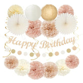 Champagne-Gold Beige 16 Happy Birthday Party-Decorations - 22Pcs 21St Women Girls Paper Lanterns Streamers Banner Pom Poms,Fall Boho Aesthetic Bohemian Rose Groovy Decor Backdrop Supplies