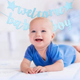 Blue Welcome Baby Boy Banner — Gold Glitter Baby Shower & Gender Reveal Decor