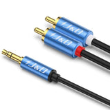 3.5mm Male to 2 RCA Phono Male Stereo Audio Cable, Aluminum Alloy Shell Gold-Plated RCA Audio Adapter Aux Cable, Blue, 6 Feet